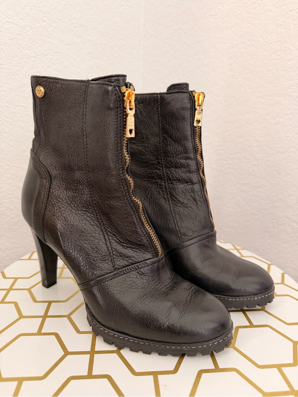 Love Moschino Black Leather High-Heel Boots with Gold Zipper ~ W 10 / UK 40